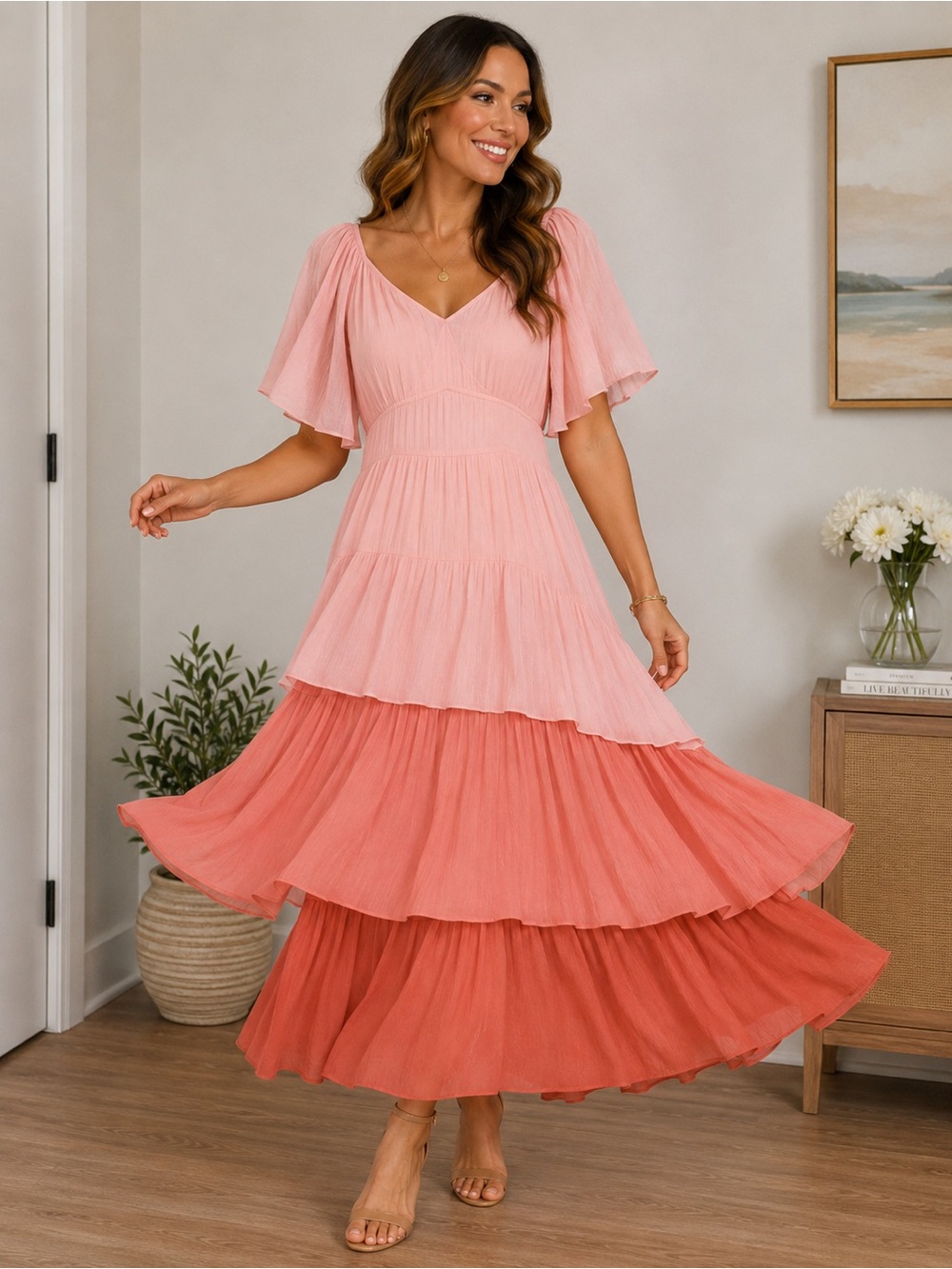 POLAGRAM Short Flutter-sleeve  Blush to Coral Tiered Maxi Dress Size 1XL - Picture 3 of 5